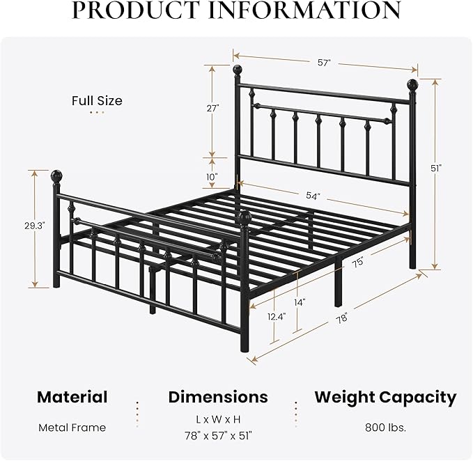 SHA CERLIN 14" Full Size Metal Platform Bed Frame/Victorian Headboard and - Image 2