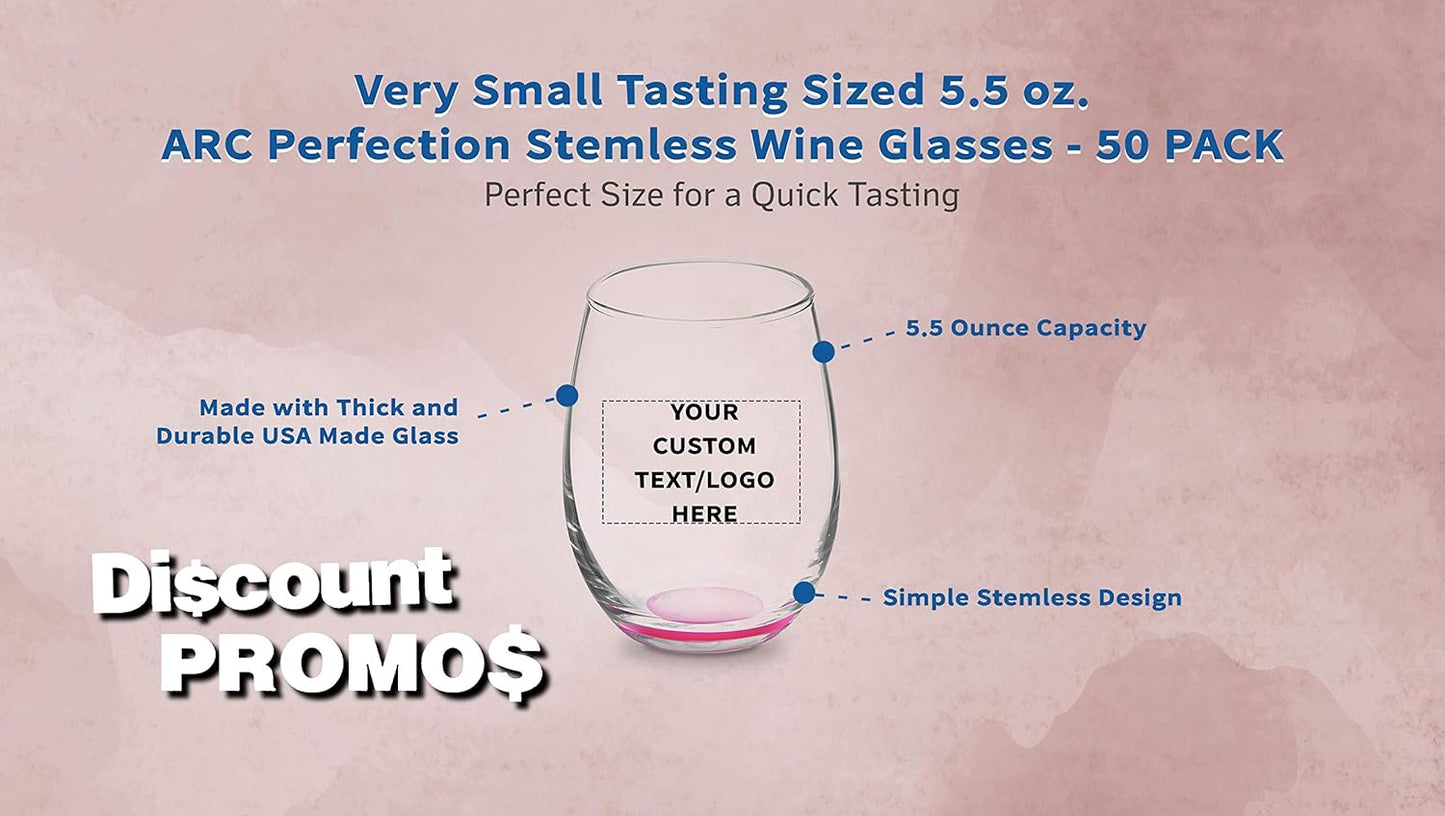 Custom Stemless Wine Glasses by ARC 5.5 oz. Set of 50, Personalized Bulk Pack - Perfect for Hotel, Bar, Restaurant or Lounge - Pink