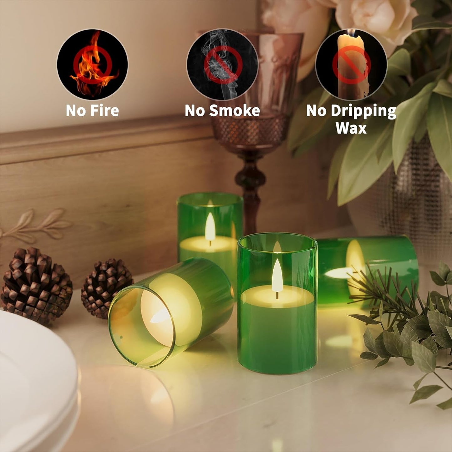 6Pack Flickering Flameless LED Candles with Timer, Battery Powered - Small Pillar & Votive, Green (2"X3")
