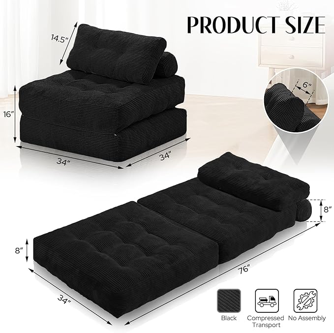 HABUTWAY Folding Sofa Bed, Convertible Sleeper Chair Bed w/Dual-Pillow & Handle - Image 2