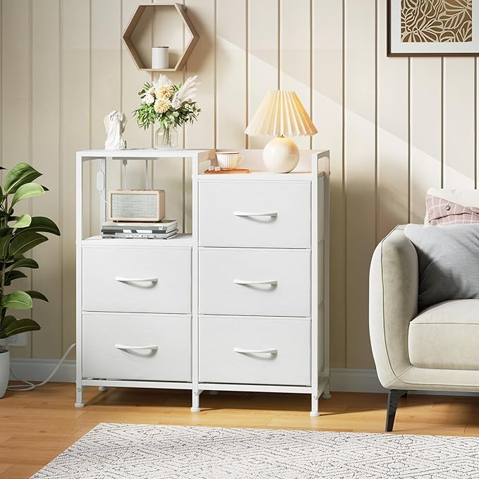 Somdot White Nightstand with Charging Station and LED Light, Wide 5 Drawers - Image 2