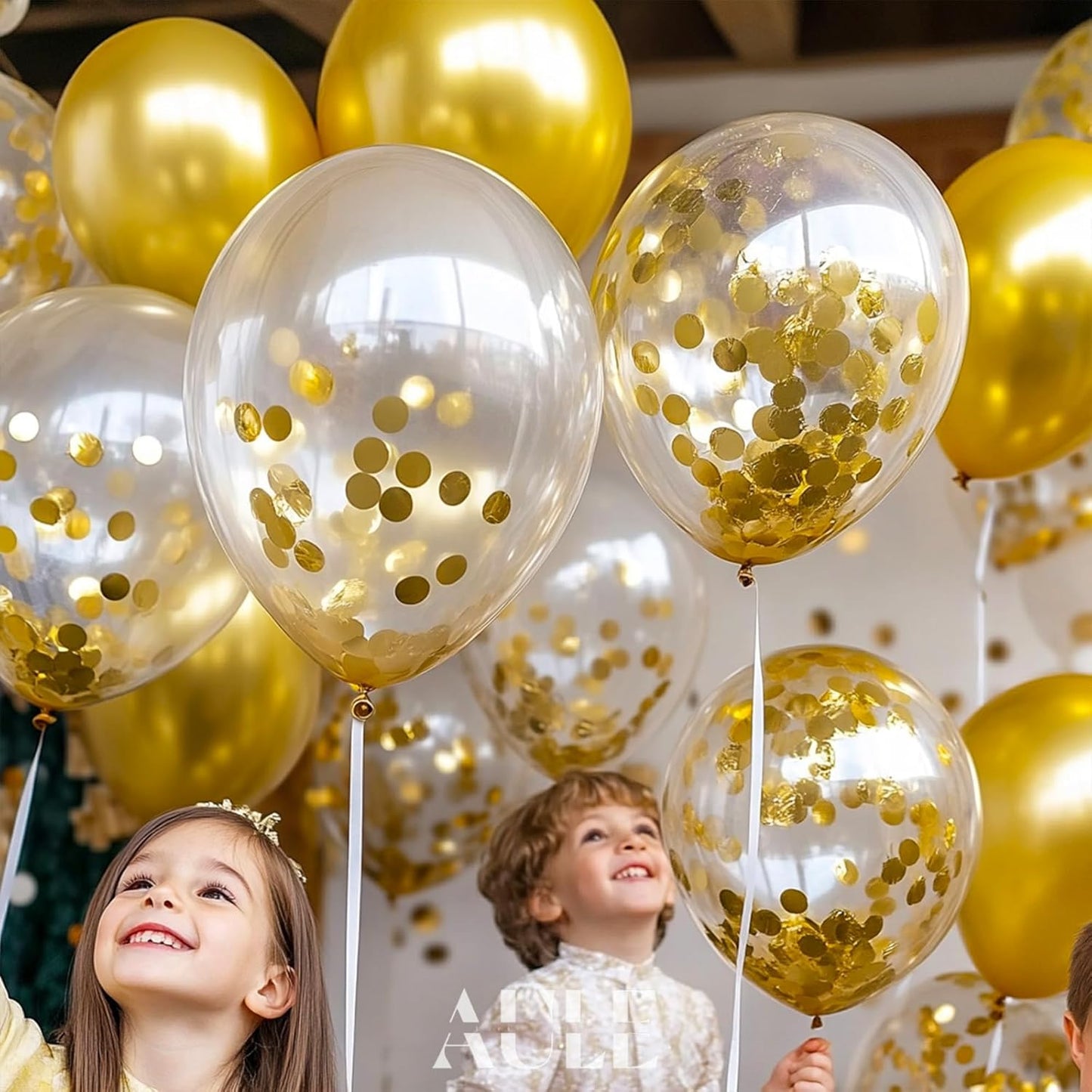 AULE Party Balloons Pack of 42 - Metallic Gold Balloons & Gold Confetti Balloons and 64ft Ribbons - 12 Inch Balloons Decorations Set