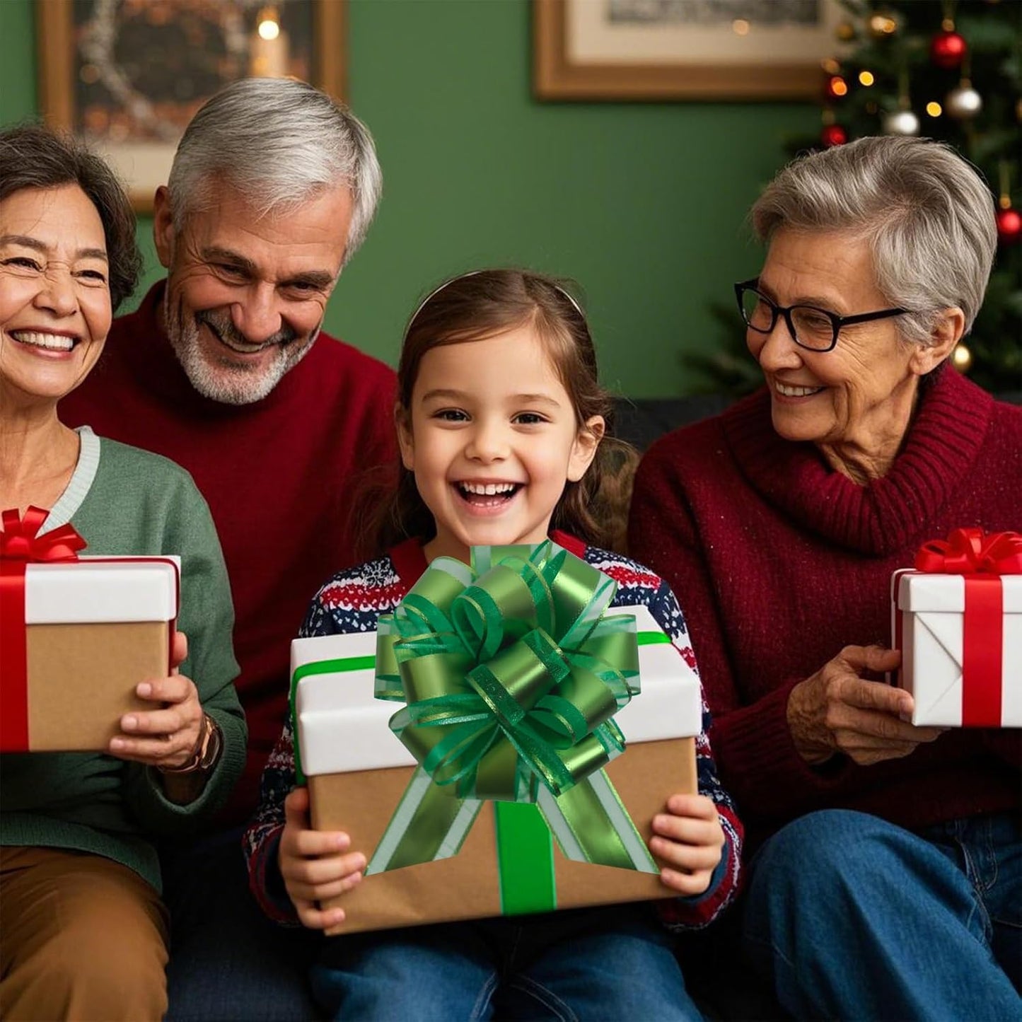 12 PCS 6 Inch Large Pull Organza Green Bows - Perfect for Gift Wrapping, Wedding Decor, Car Bows, Birthday Parties, Christmas and Valentine's Day