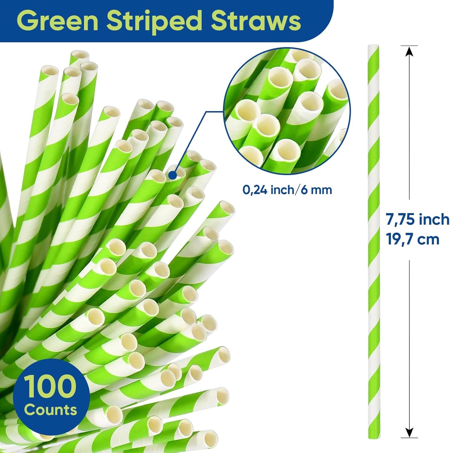 7.75'' x 0.24'' Disposable Party & Daily Paper Drinking Straws Green White Striped 100 Counts - Biodegradable & Compostable