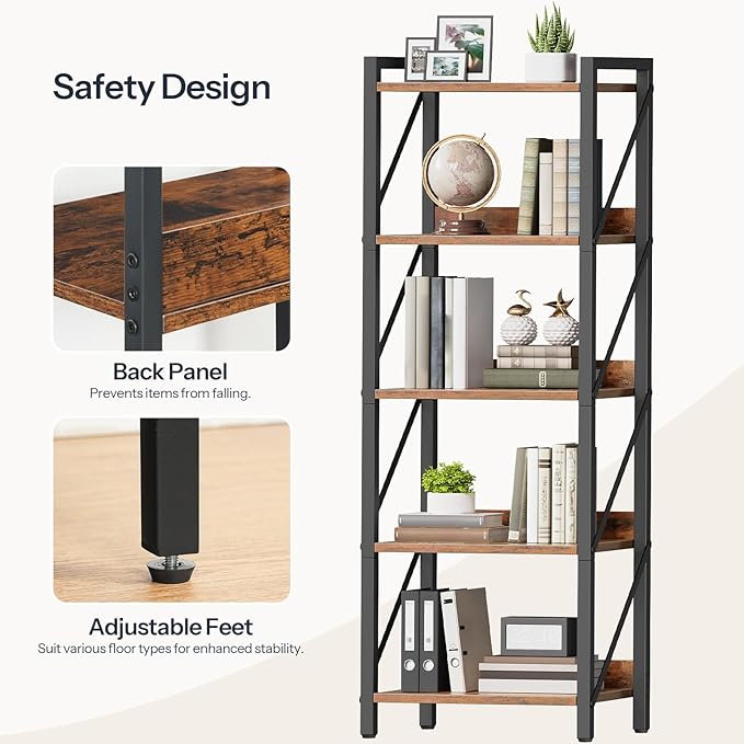HOOBRO Bookshelf, 5-Tier Industrial Bookcase, Book Shelf Storage Organizer - Image 5