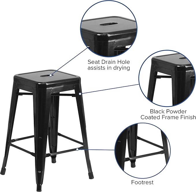 Flash Furniture Kai Commercial Grade 24" High Backless Black Metal - Image 4