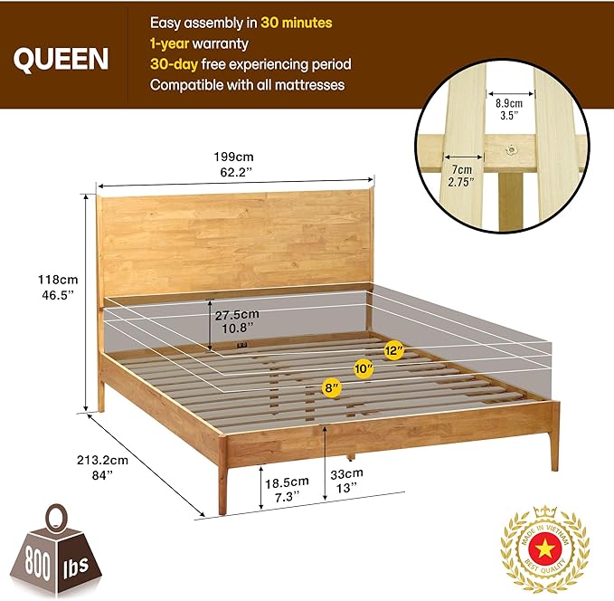 Acacia Haven Queen Bed Frame and Headboard, Solid Wood Platform Bed Frame - Image 2