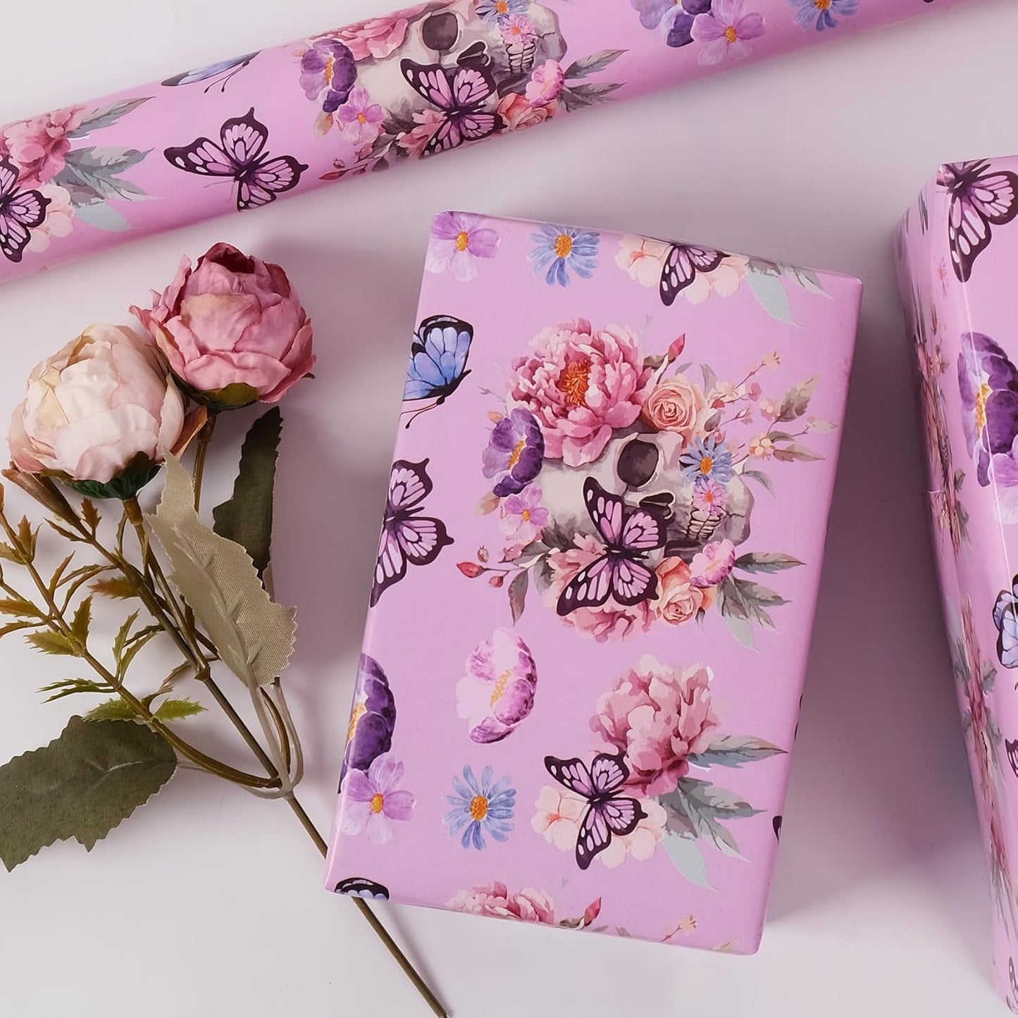 Aimyoo Gothic Wrapping Paper Roll, 17 Inch X 16.5 Feet Skull Floral Butterfly Design Gift Wrap Paper for Mother's Day, Birthday Bridal Shower