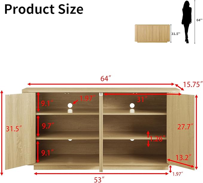 LKTART 64" Buffet Cabinet with Storage, Modern Fluted Accent Sideboard Media - Image 2