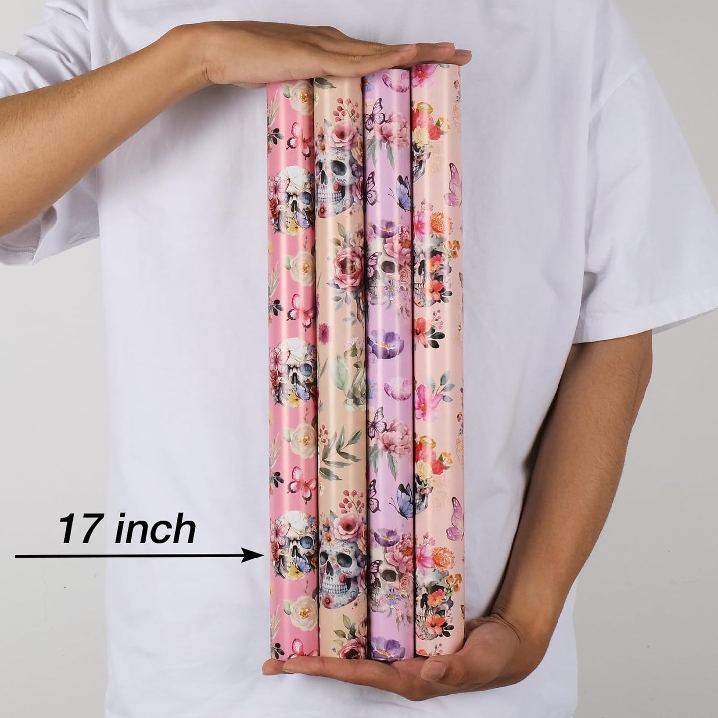 Aimyoo Gothic Wrapping Paper Rolls, 17 Inch X 10 Feet - 4 Rolls - Skull Floral Butterfly Design Gift Wrap Paper for Mother's Day, Birthday Bridal Shower