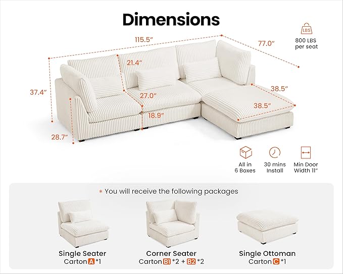 115" Oversized Corduroy Couch Modular Sectional Sofa, Washable Cloud Couch - Image 2