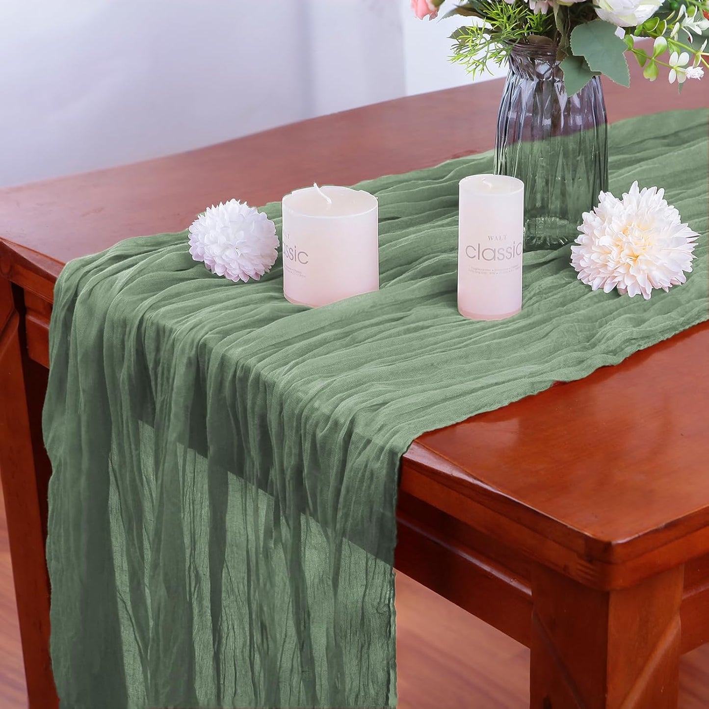 4 Pack Sage Green Cheesecloth Table Runner 35x120 Inch Boho Gauze Fabric Cheese Cloth Table Runner 10Ft Rustic Romantic Sheer Table Runners for Wedding Party Bridal Baby Shower Long Table Decoration