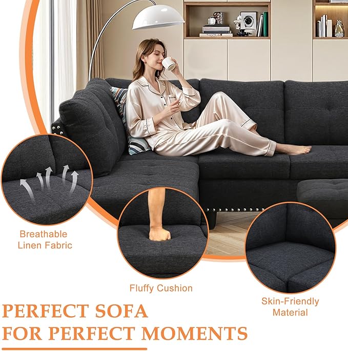 Wakefit Sectional Sofa Couch, Modern 4-Seaters Living Room Furniture Sets - Image 3