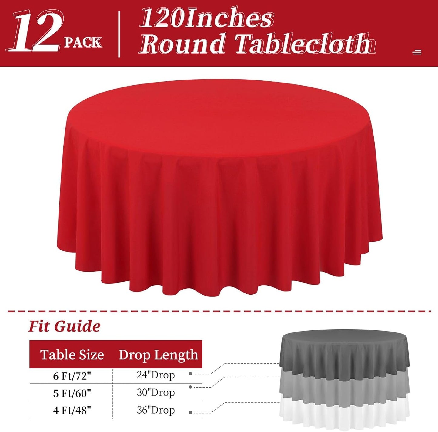 12 Pack Round Tablecloths 120 Inch, Red Polyester Table Cover for Round Table, Stain and Wrinkle Resistant Washable Fabric Tablecloth, Polyester Tablecloth for Wedding Banquet Parties