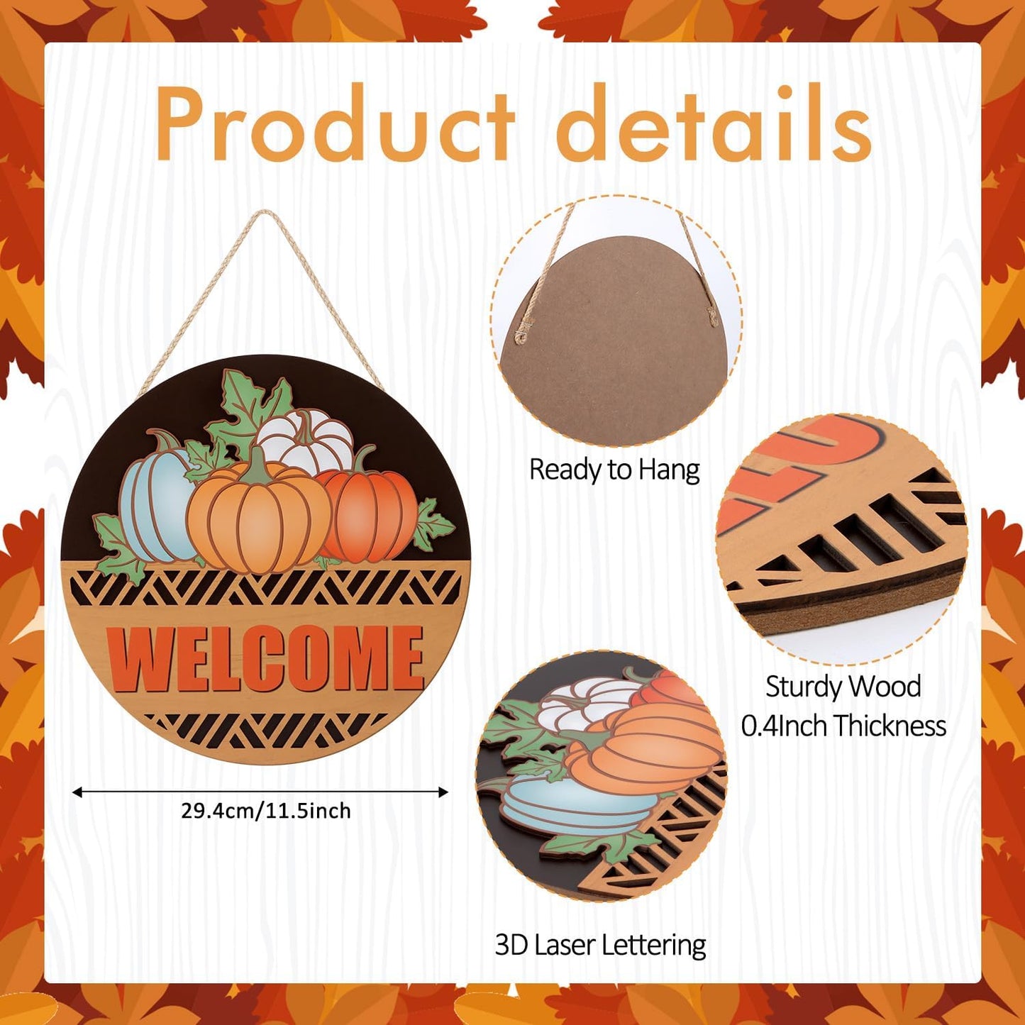 CHDITB Fall Pumpkin Welcome Front Door Sign Wreath(12"x12"), Wooden 3D Hello Fall Autumn Decoration Wall Hanging, Farmhouse Vintage Welcome Home Decor Hanger for Porch Indoor Thanksgiving