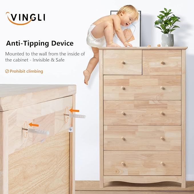 VINGLI Unfinished Natural Solid Wood 6 Drawer Dresser - Image 8