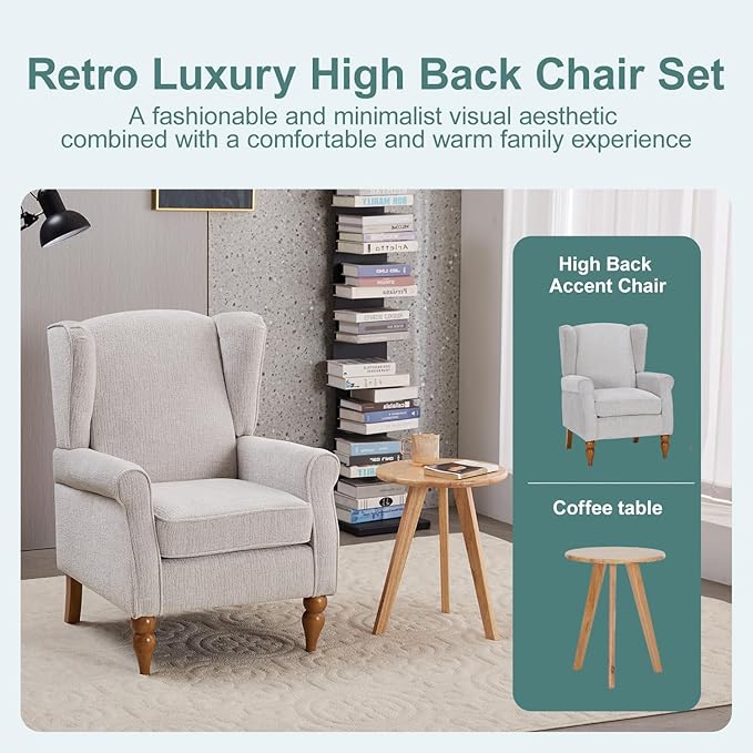 Coffee Table & Armchair Set, High-Back Wingback Chair - Image 3