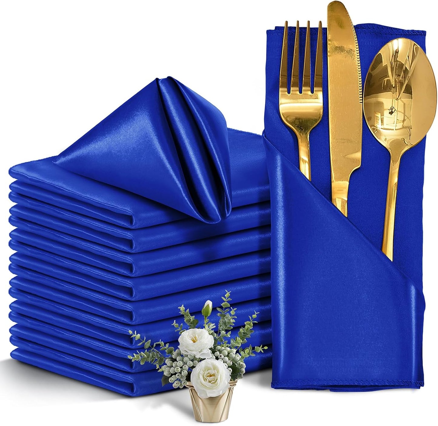 12 Pieces Royal Blue Satin Napkins, 17" x 17" Square Table Napkins, Silky Soft Smooth Washable Napkins for Restaurant, Weddings, Dinner, Party Decoration