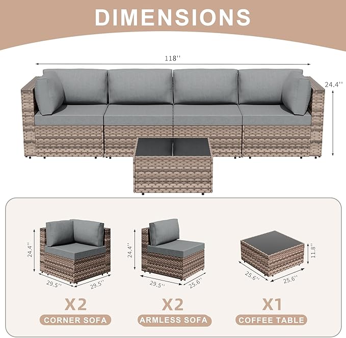 JAMFLY 5-Piece Patio Furniture Set, All-Weather Wicker Outdoor Sectional Sofa - Image 2