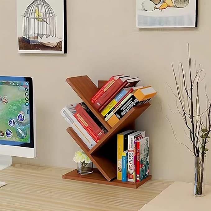 Godferyxin Tree Bookshelf, Small Bookshelf, 3 Tier Wood Mini Book Shelf and - Image 8