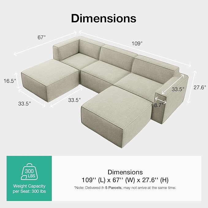 Novilla 109" Modular Sectional Sofa, No Assembly Cloud Sectional Couch - Image 2