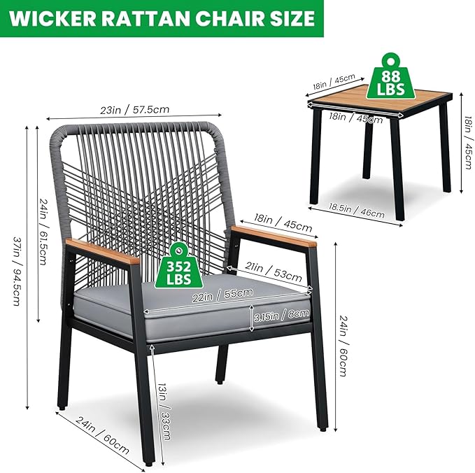 LIFERUN 3-Piece Patio Furniture Set, 2 Outdoor Rattan Chairs - Image 2