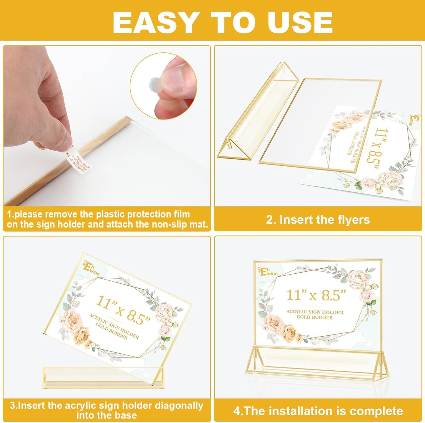 EHWINE 8 Pack Acrylic Sign Holder 8.5 x 11 Horizontal, Double-Sided Stand up Table Top Sign Holders, Gold Acrylic Picture Frame Menu Flyer Paper Holder Display Stand for Office Business Store Wedding Party