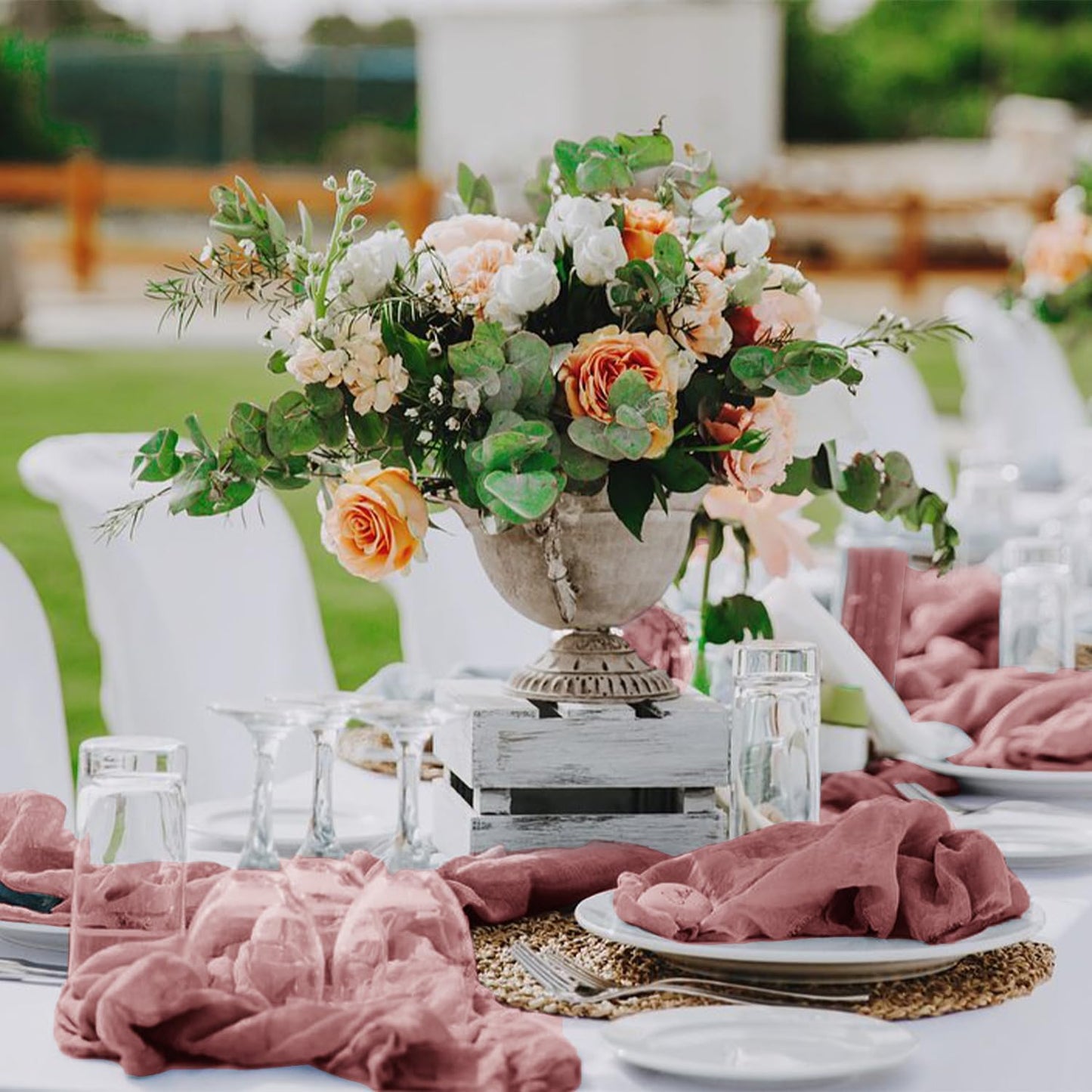 Hahuho Dusty Pink Cheesecloth Table Runner 10ft, Gauze Boho Rustic Table Runners for Wedding Birthday Party Baby Shower Decorations（1 Pack , 35x120 Inches）