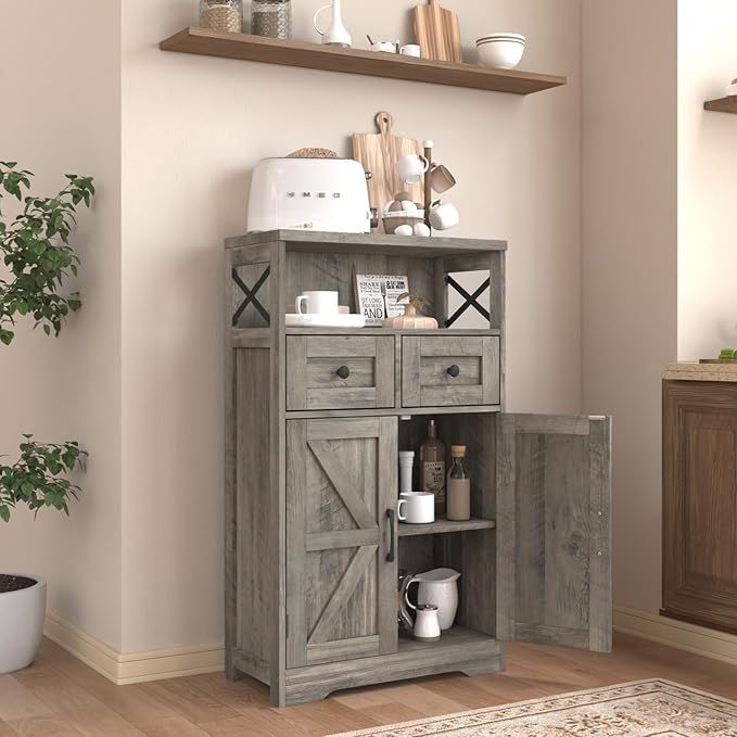 Farmhouse Storage Cabinet with Barn Doors and Open Shelf, Kitchen Pantry with - Image 4