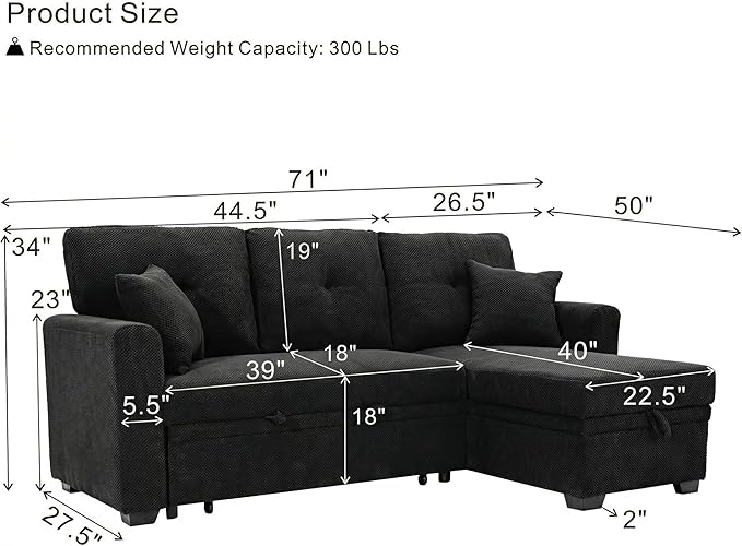 L Shaped Sectional Couch with Storage and Pull Out Bed, 3 Seater Sleeper Sofas - Image 3