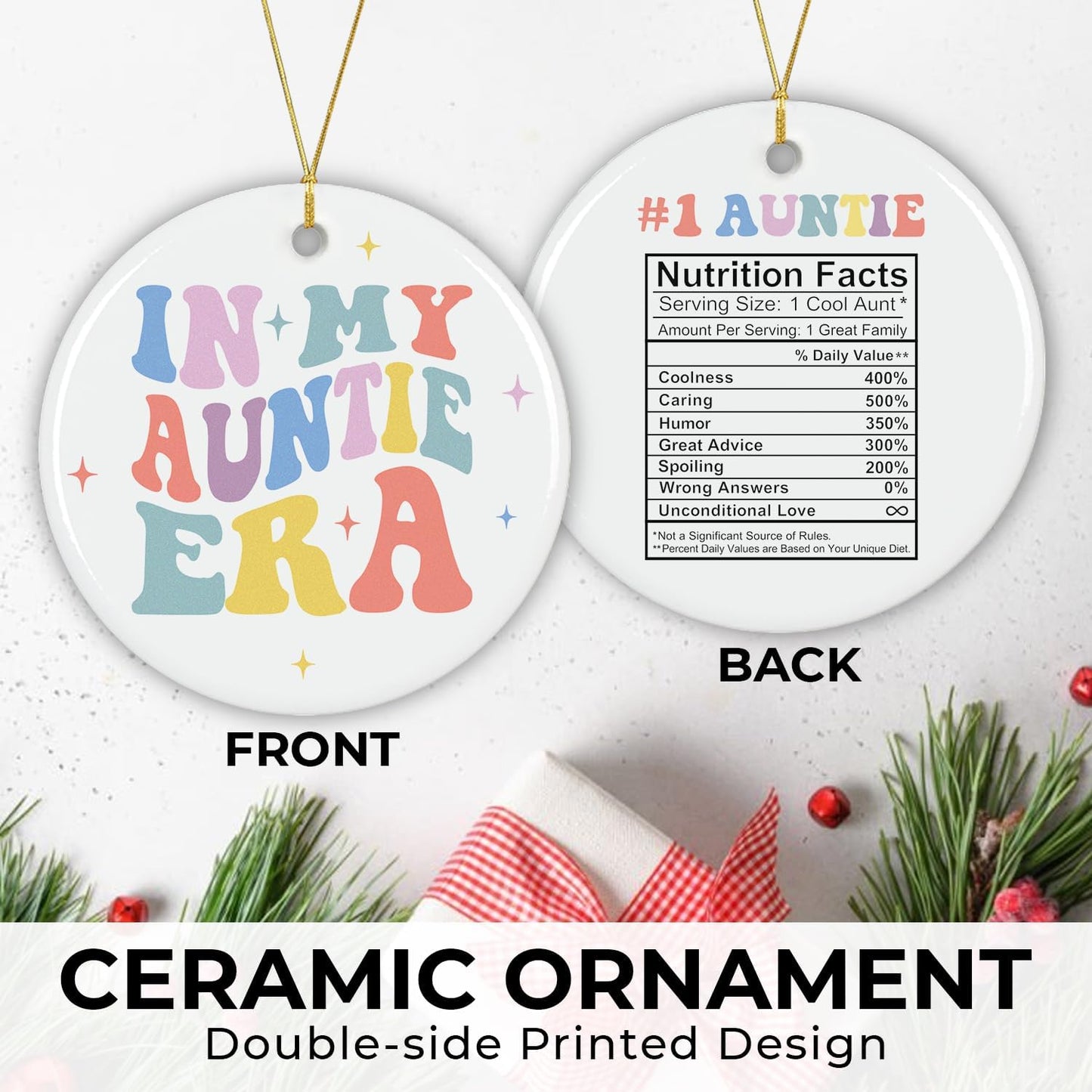 NewEleven Gifts for Aunt from Niece, Nephew - Ornament for Aunt, New Auntie - Aunts Birthday Gift, Aunts Announcement, in My Auntie Era - Ceramic Christmas Ornaments