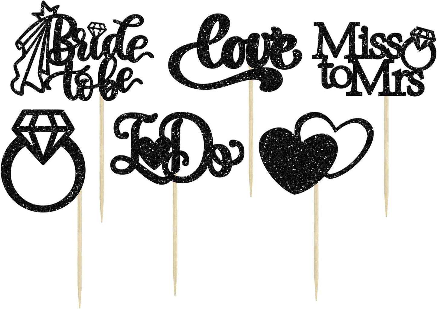 Gyufise 24Pcs Bride to Be Cupcake Toppers Black Glitter I Do Love Heart Ring Miss To Mrs Cupcake Picks Bridal Shower Cake Decorations for Wedding Engagement Bachelorette Party Supplies
