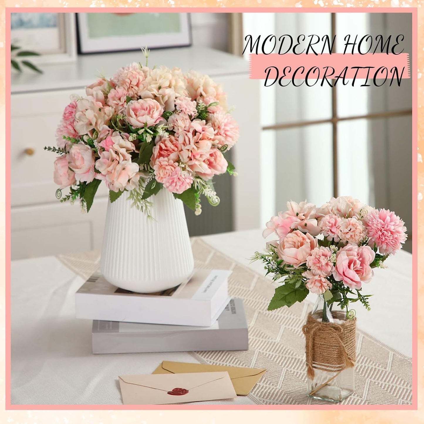 Tigeen Artificial Flowers Artificial Peonies Silk Flowers Faux Peony Fake Peony Silk Hydrangea Bouquet for Wedding Table Centerpiece Floral Vase Decor(Pink,24 Bundles)