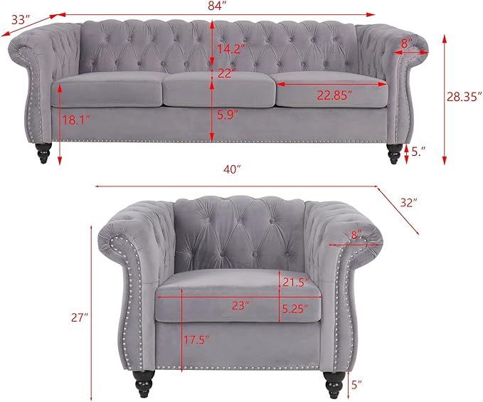 RARZOE Modern 2 Pieces Living Room Sofa Set, Contemporary Tufted Button Velvet - Image 2