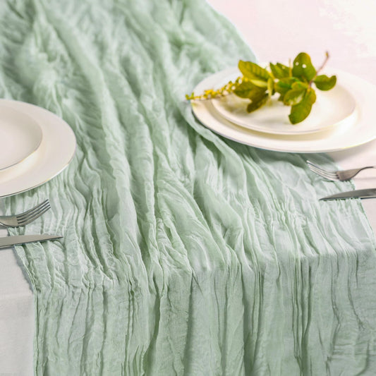 Hahuho Sage Green Cheesecloth Table Runner 10ft, Gauze Boho Rustic Table Runners for Wedding Birthday Party Baby Shower Decorations（1 Pack , 35x120 Inches）