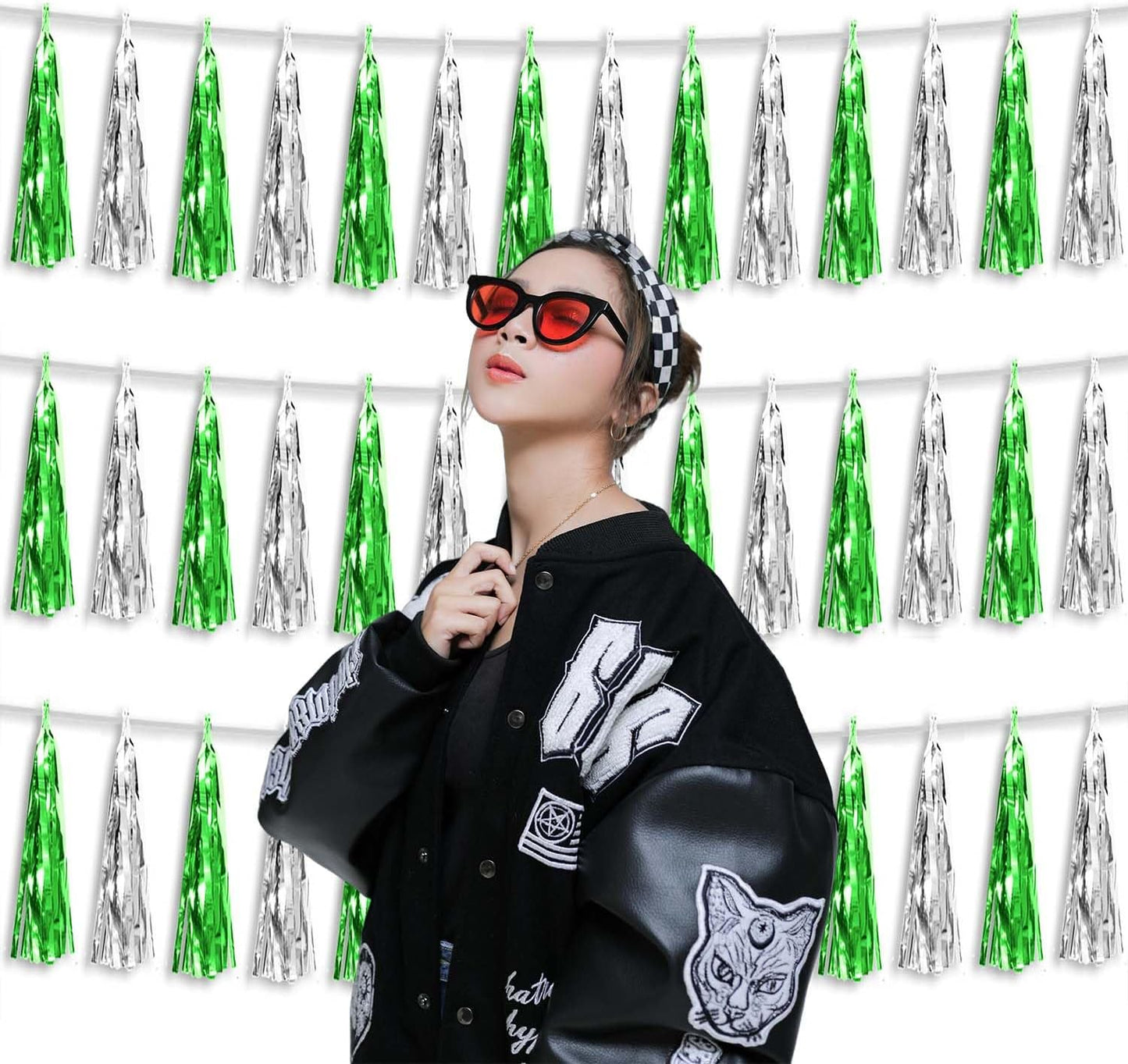 3P Metallic Fringe Tassel Banner Garland Foil Tinsel Streamer Wall Hanging Curtain Backdrop Banner for Parade Floats, Graduation Decorations, Father's Day Party Decoration(Green Silver)