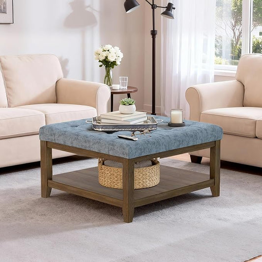 ABHENG 31.5” Large Square Storage Ottoman, Upholstery Solid Rubberwood Coffee by Liveinacomfortablehome