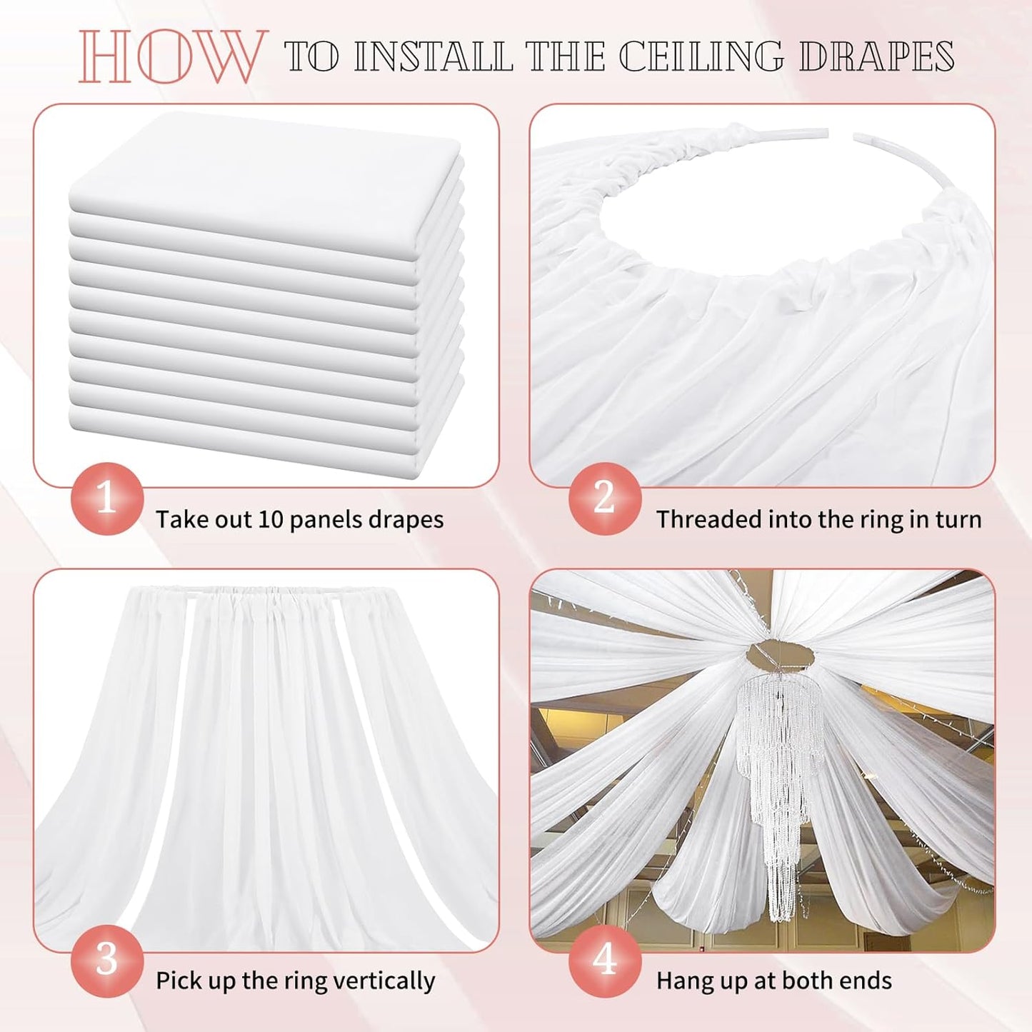 10 Panels White Ceiling Drapes for Wedding 5ftx40ft Sheer Drapery Chiffon Fabric Arch Draping Curtains for Party Ceremony Birthday Baby Shower Reception Stage Ceiling Decorations