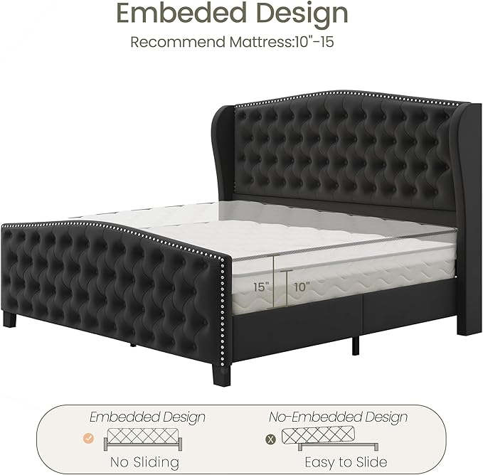LARMACE King Size Bed Frame Velvet Upholstered Platform Bed - Image 8