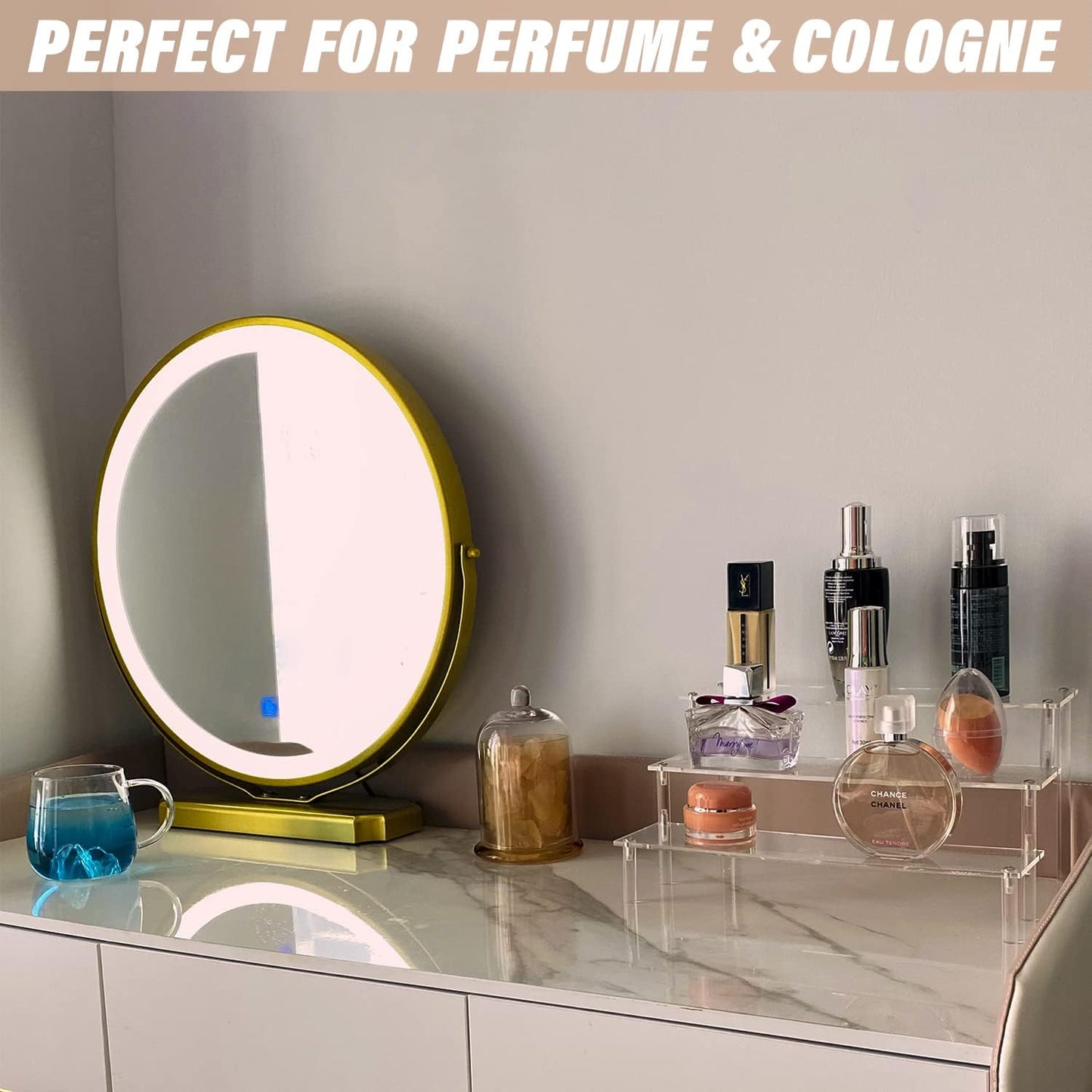 AZEAM 2 Packs Acrylic Display Risers,Clear Display Risers Stand Small Mini Shelf 3 Tiered Cupcake Stand for Food Desserts Stand Perfume Organizer Toys Collections Cosmetic Products Tabletop Use