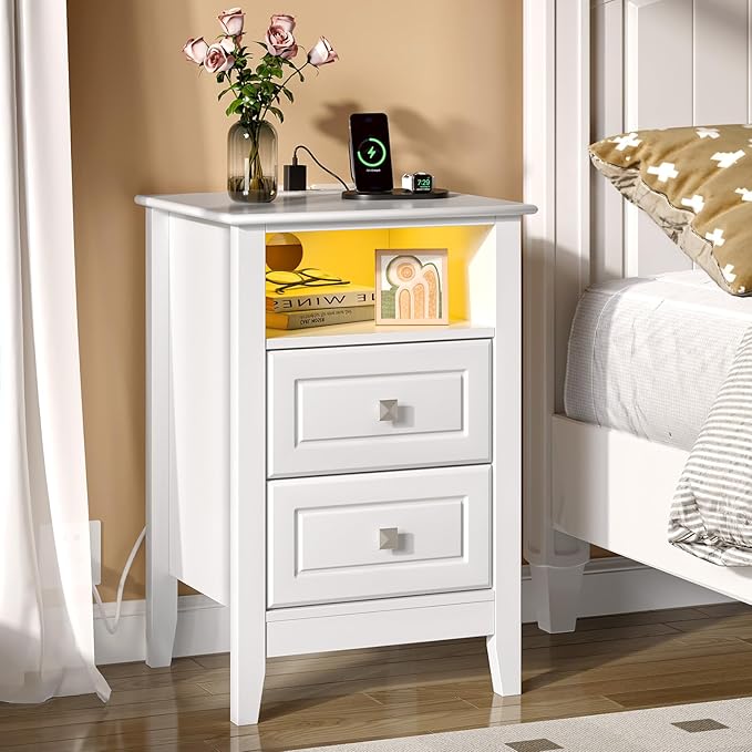 Bonnlo White Night Stand with Charging Station, Led Nightstand White Wood by Bonnlo