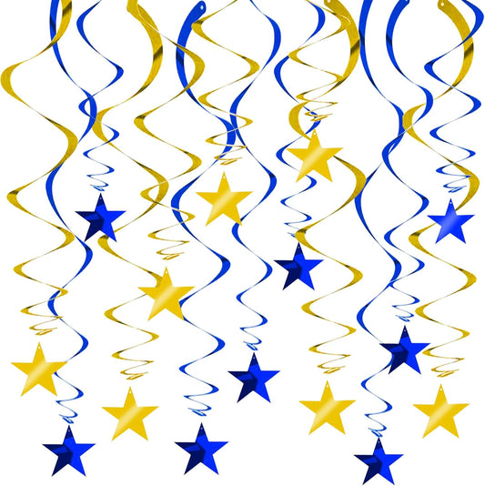 BEISHIDA Blue Gold Stars Hanging Swirls Graduation Hanging Ornament Decorations for Birthday Party Baby Shower Congrats Grade 2025 Graduation Decorations,Pack of 15