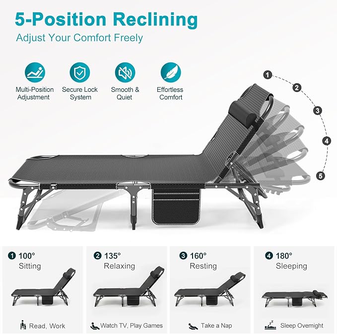 ABORON Heavy Duty Tanning Chair, Outdoor 5-Position Folding Chaise Lounge Chair - Image 3