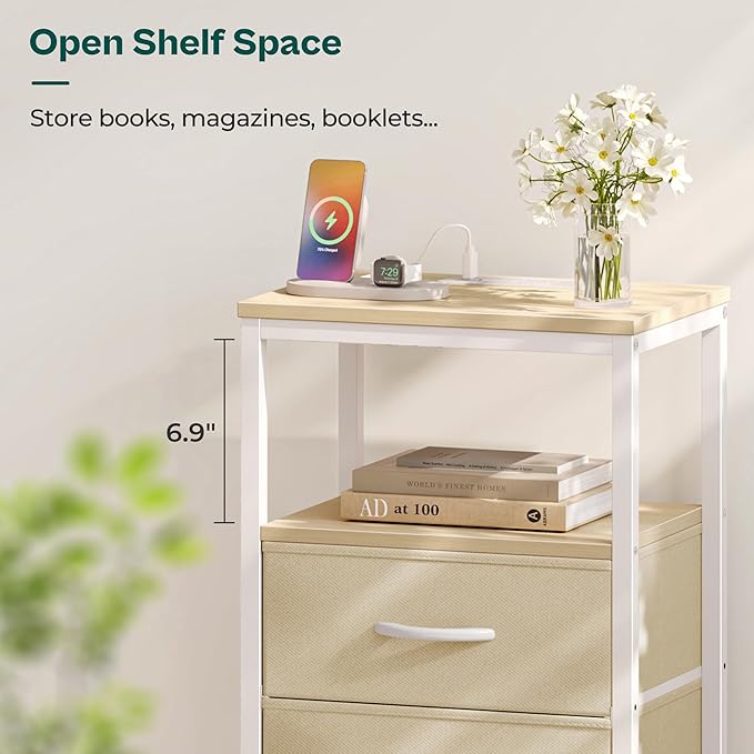 Huuger Nightstand with Charging Station, Side Table with Fabric Drawers - Image 8