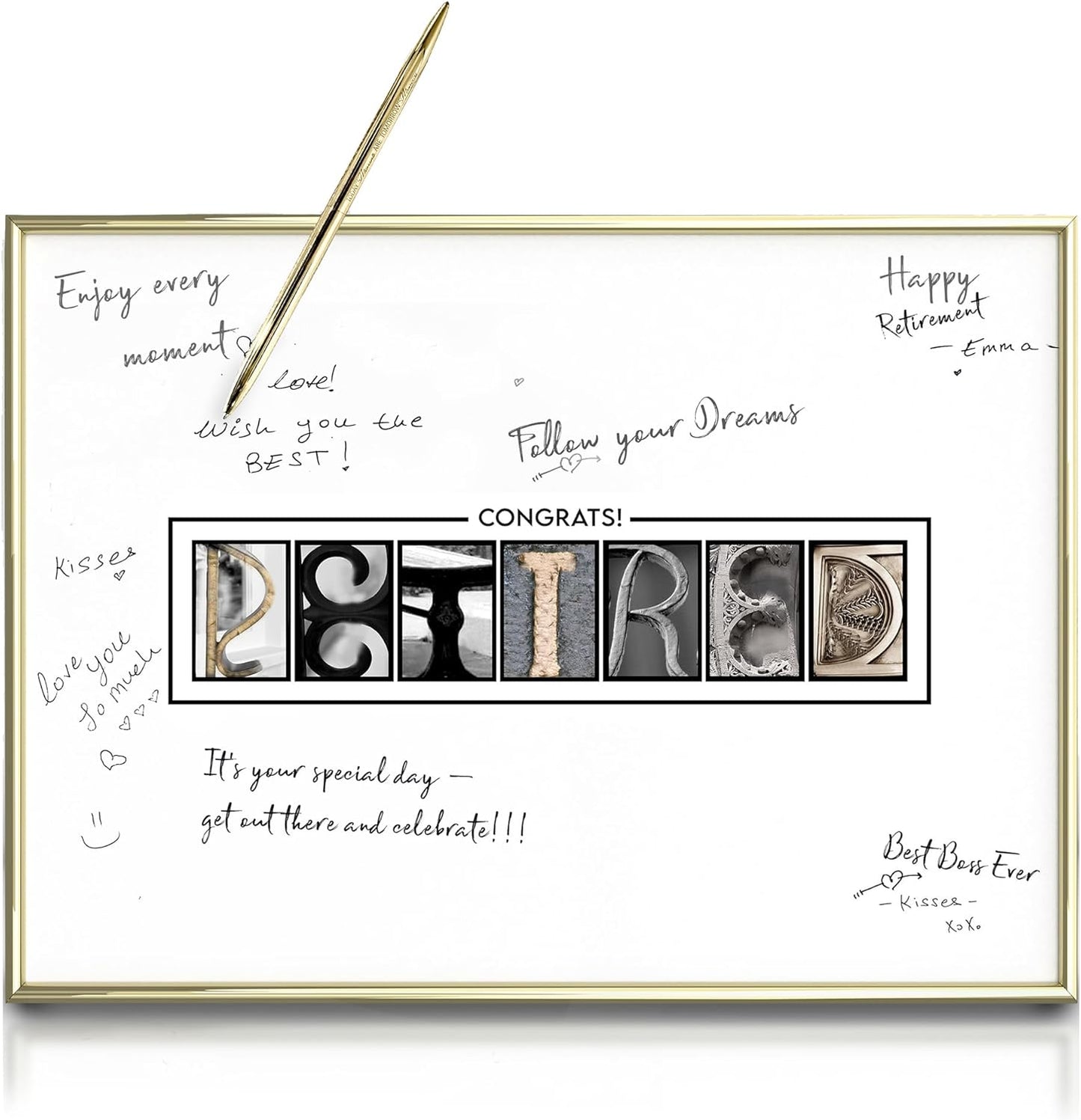 Framed Gold Retirement Decorations Guest Book for Men - 12"x16" Large Sign Poster including Gold Pen & Acrylic Glass - Retired Party favors, Table Centerpieces Plaque