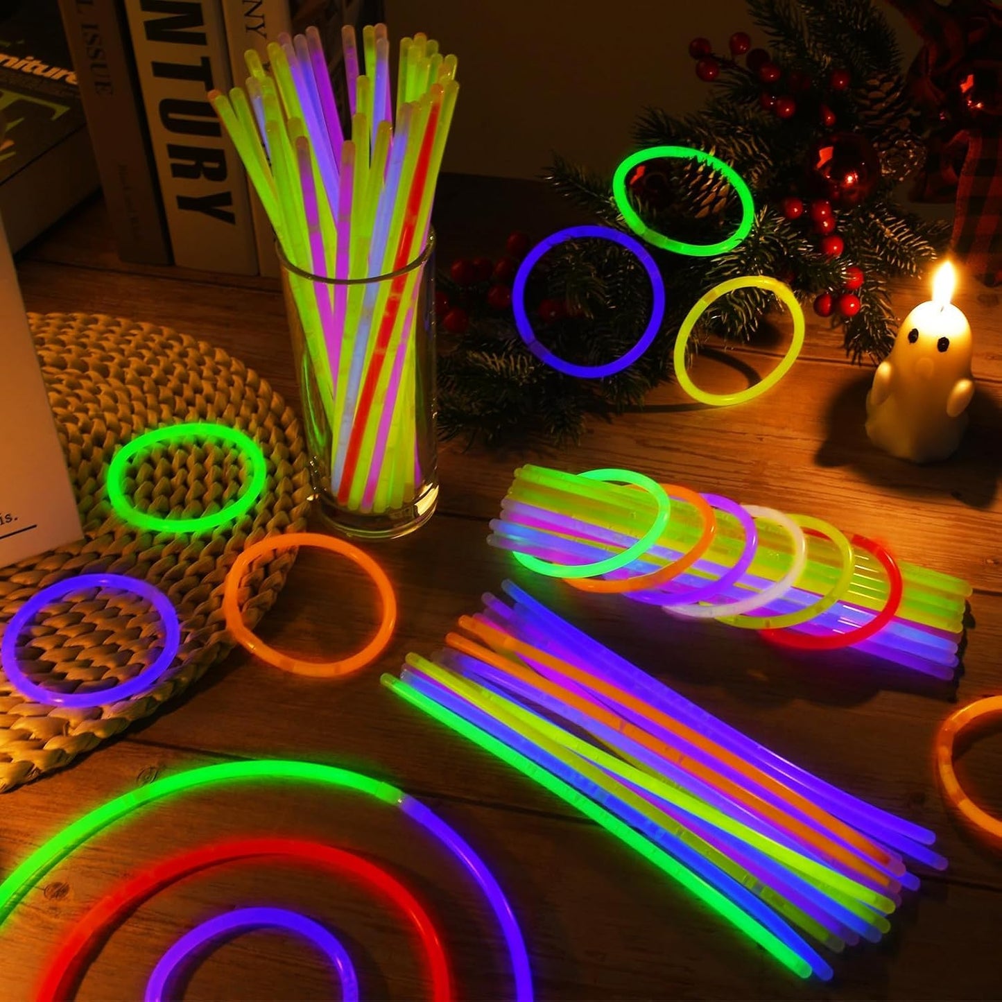 100 Pack 8” Glow Sticks Bulk with 100 Connectors Neon Glow In The Dark Party favors Supplies for Holiday Birthday Party Decoration (Colorful)