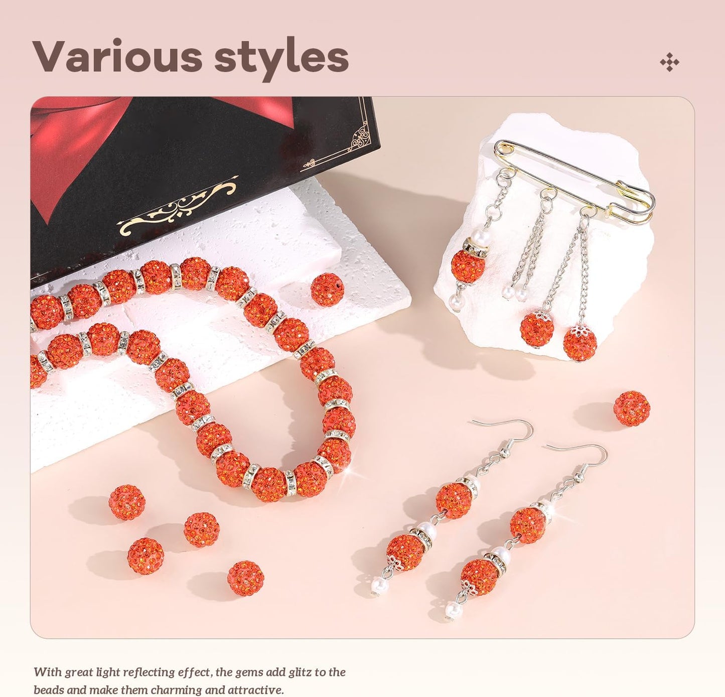 200pcs 10mm Rhinestone Beads for Jewelry Making, Orange Shiny Round Disco Ball Beads Bulk, Sparkle Crystal Clay Christmas for Bracelet Baseball Necklace Earring Crafting and DIY