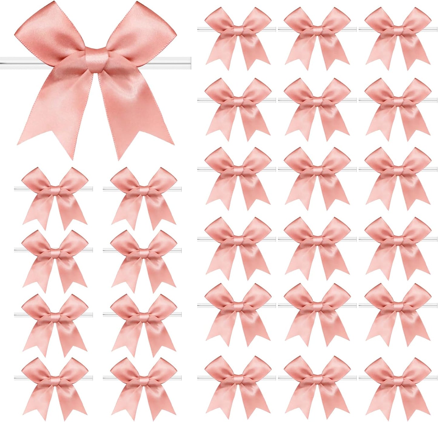 50 PCS Twist Tie Bows Satin Ribbon Bows 3.3 Inch Gift Wrap Bows Craft Bows for Gift Wrapping, Party Decorations Gifts Bag DIY Treat Bags Wedding Decor Baby Shower Christmas (Rose Pink)