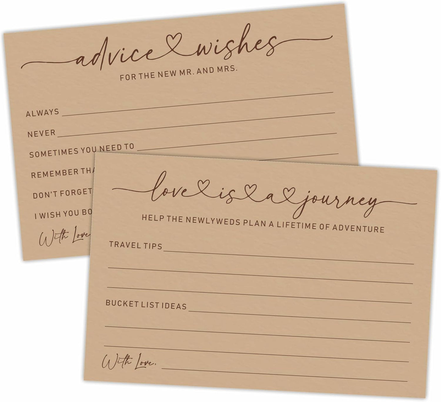 Wedding Advice Cards -Pack Of 30 Wishes For The New Mr & Mrs Wedding,Love Is A Journey Cards - Bride and Groom Newlyweds Bridal Shower Party Decoration,Games(Brown) - A03