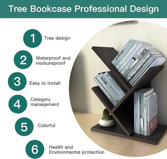 Godferyxin Tree Bookshelf, 3-Tier Wood Small Bookshelf and Mini Bookcase - Image 9